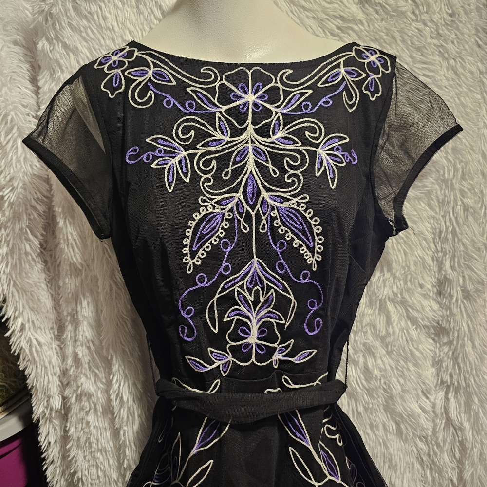 Eshakti Filigree Embroidery Embelished Tulle Overlay Poplin Dress Size 8 Pockets - Picture 4 of 15